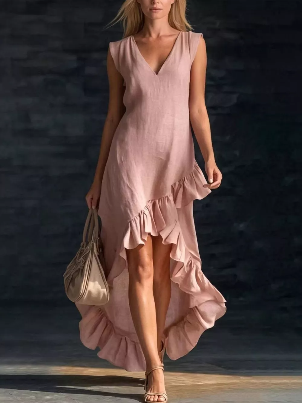 Sleeveless V-Neck Ruffle Hem High-Low Dress, image 6