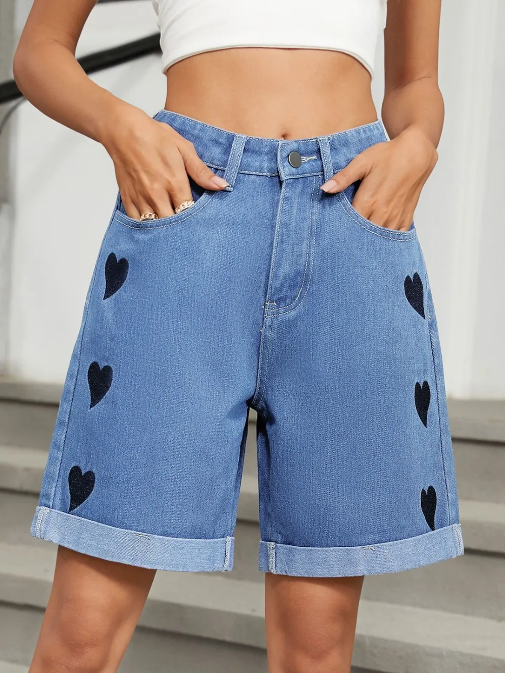 Heart-Pattern Rolled Hem Denim Shorts