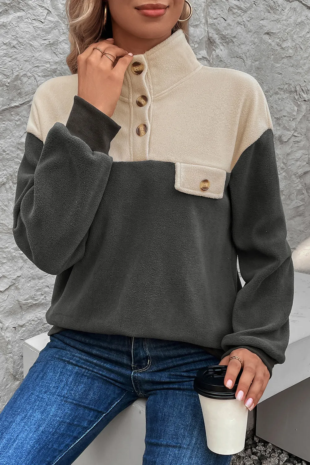 Color Block Quarter Button Dropped Shoulder Sweatshirt, image 6