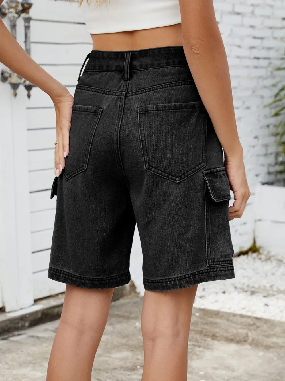 High Waist Denim Shorts with Cargo Pockets, image 6