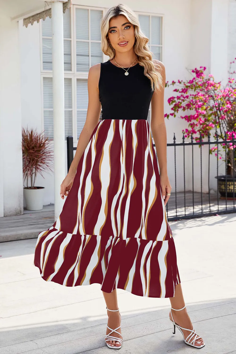 Striped Round Neck Sleeveless Midi Dress, image 2