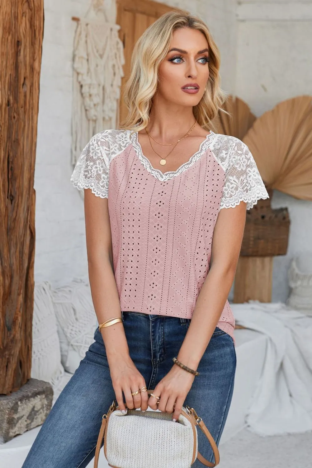 Eyelet V-Neck Lace Short Sleeve T-Shirt, image 13