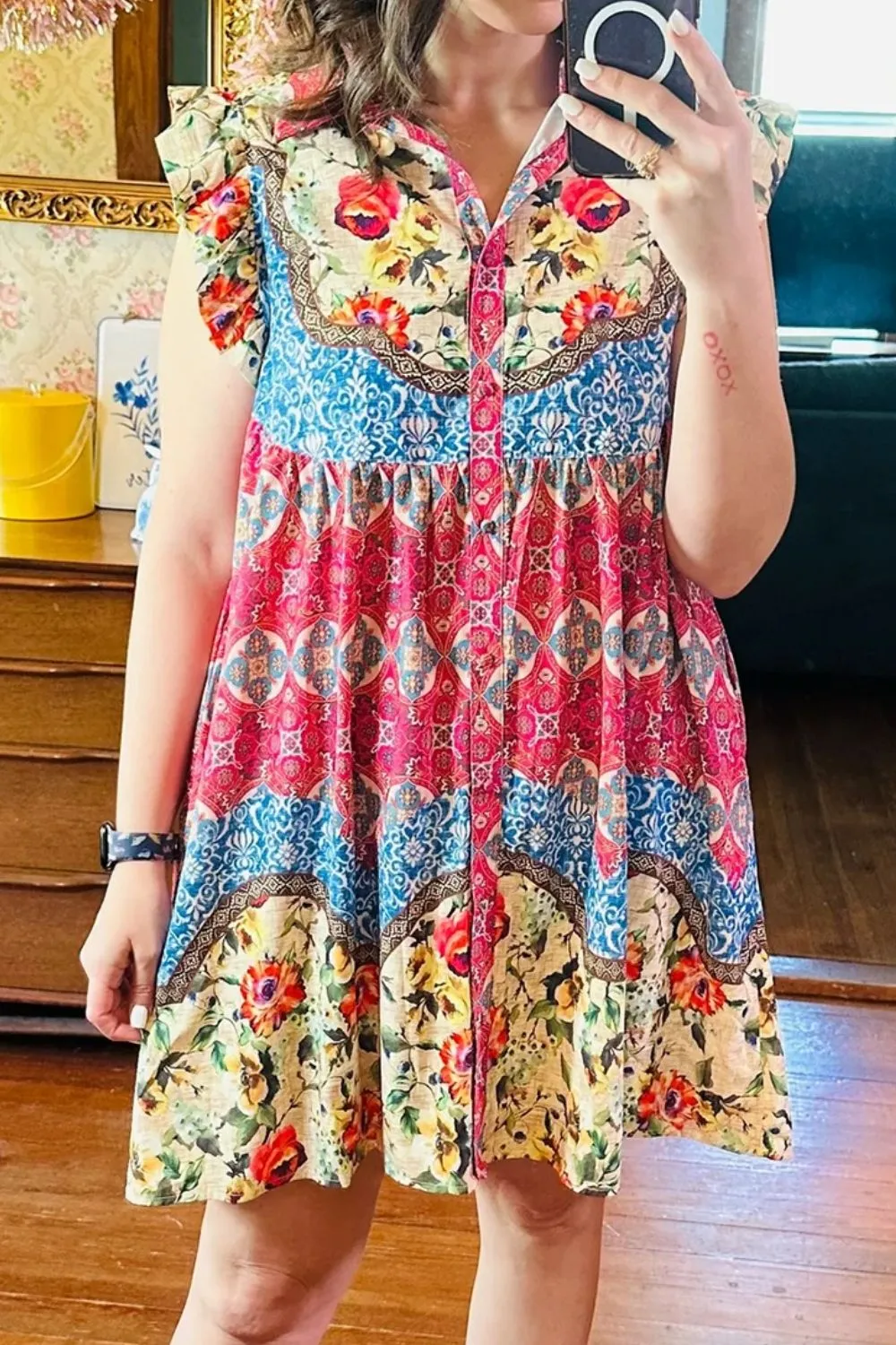 Floral Mixed Pattern Ruffle Flutter Sleeve Buttoned Dress, image 7