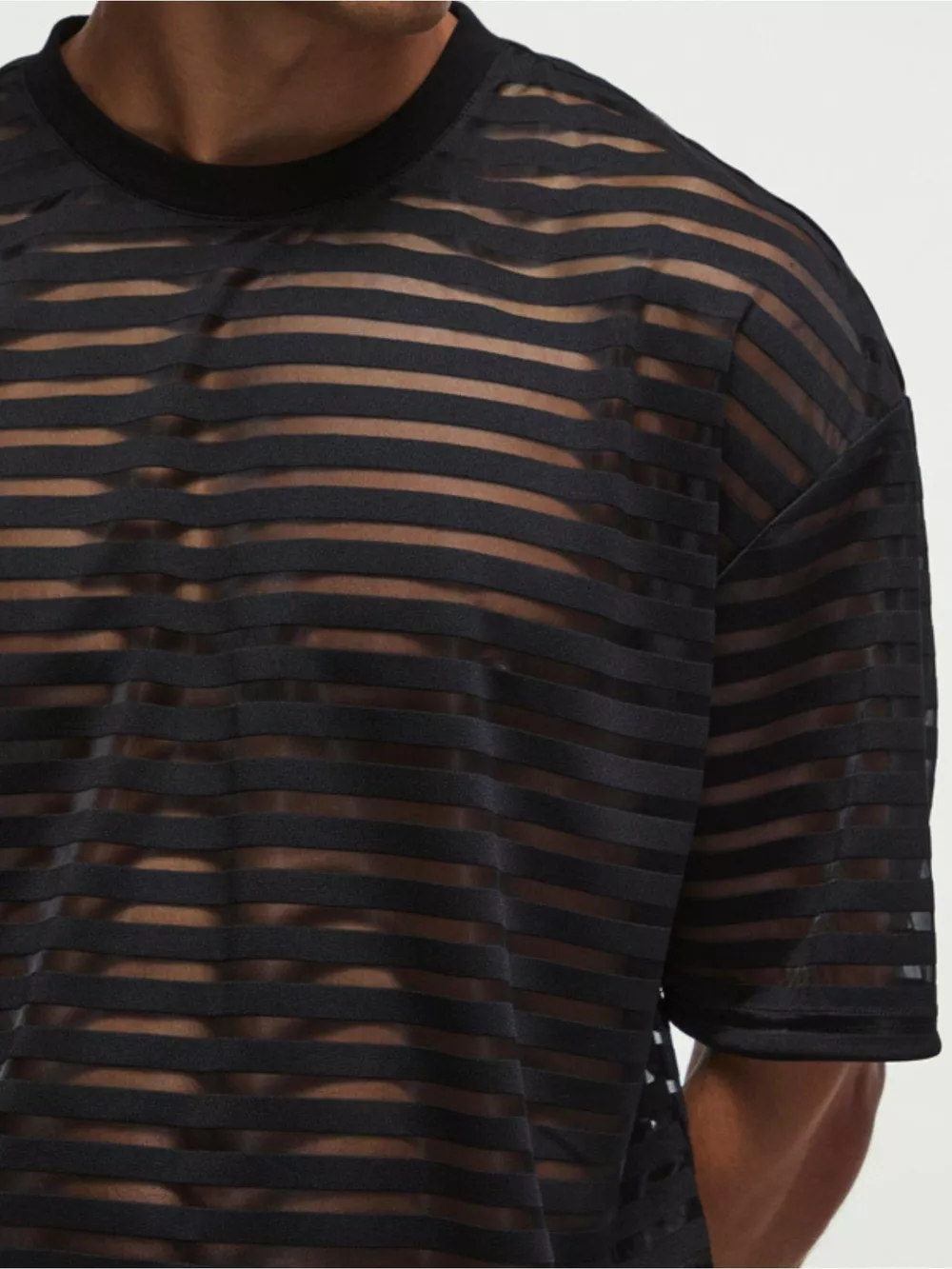 Men's Full Size Sheer Striped Round Neck T-Shirt Plus Size, image 5