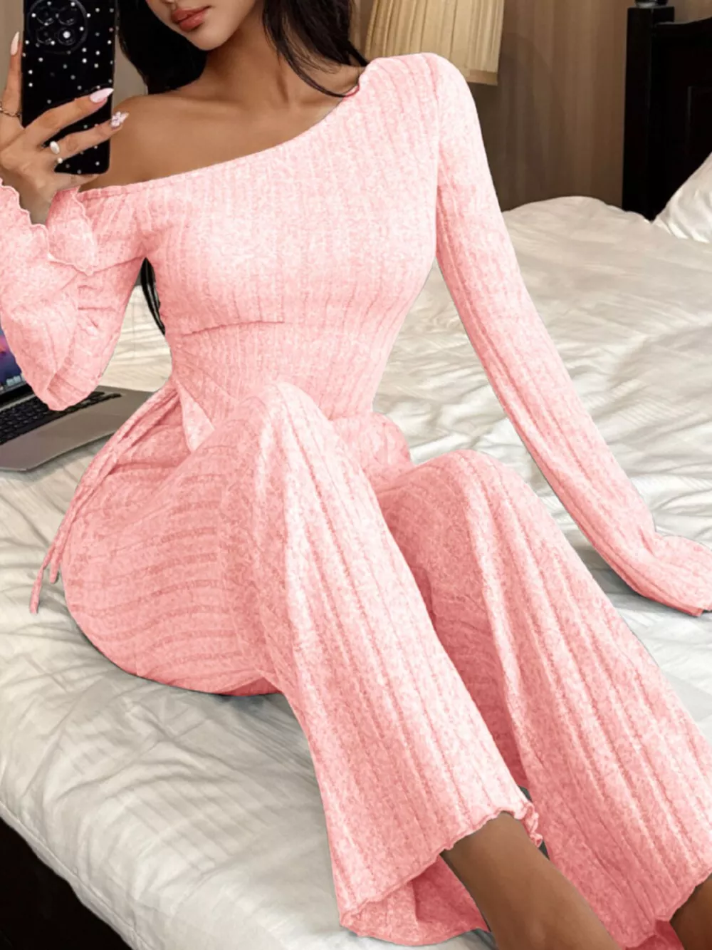 One-Shoulder Ribbed Knit Top and Pants Set, image 15