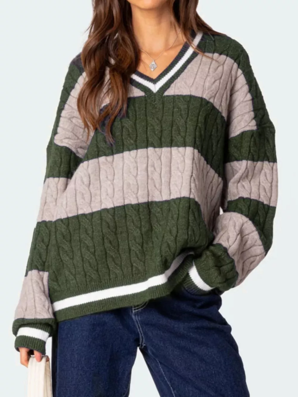 Striped Cable Knit V-Neck Sweater, image 18
