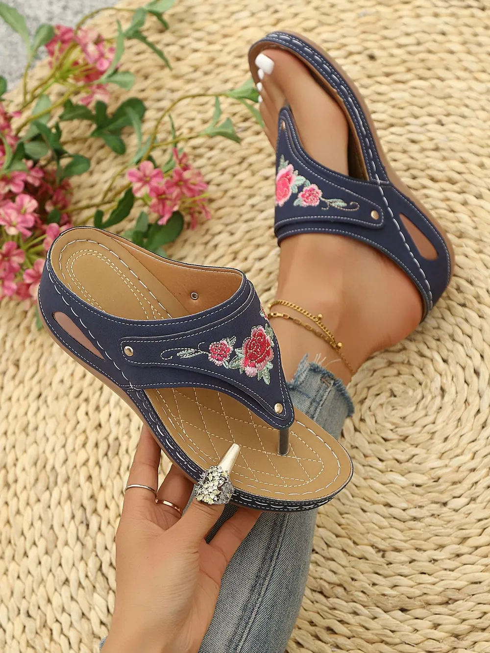 Embroidered Floral Wedge Sandals, image 8