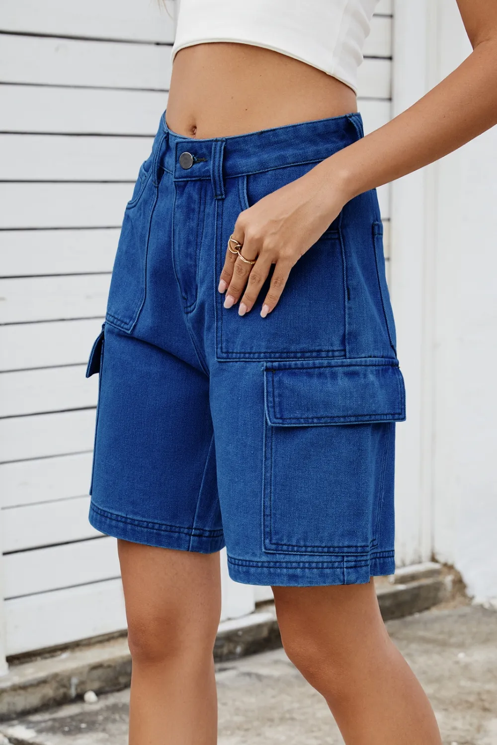 High Rise Denim Shorts with Cargo Pockets, image 7