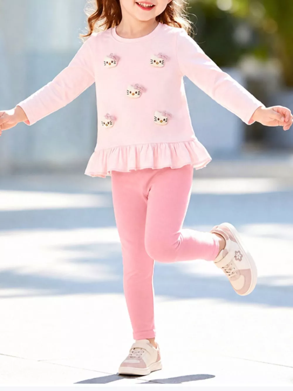Children's Cat Ruffled Hem Top and Leggings Set