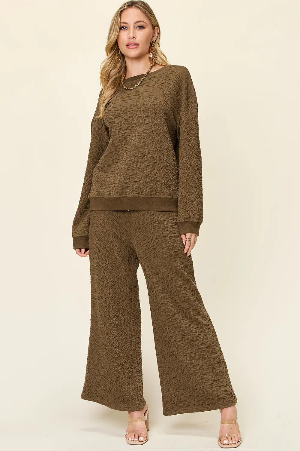Full Size Texture Long Sleeve Top and Pants Set, image 6