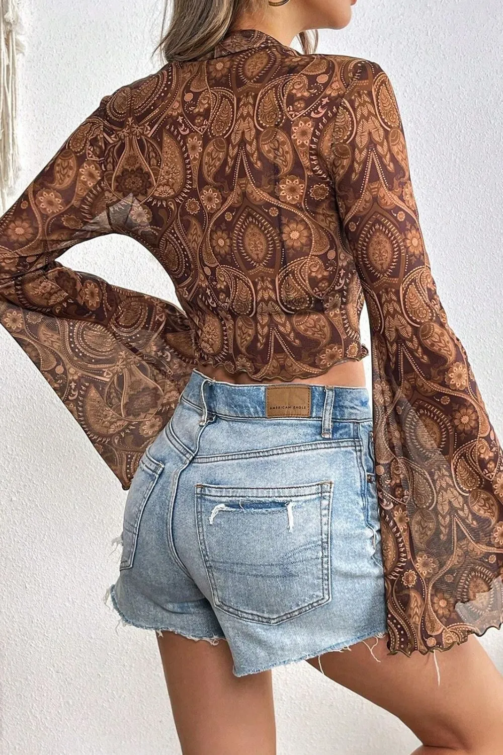 Printed Mock Neck Flare Sleeve Top, image 3