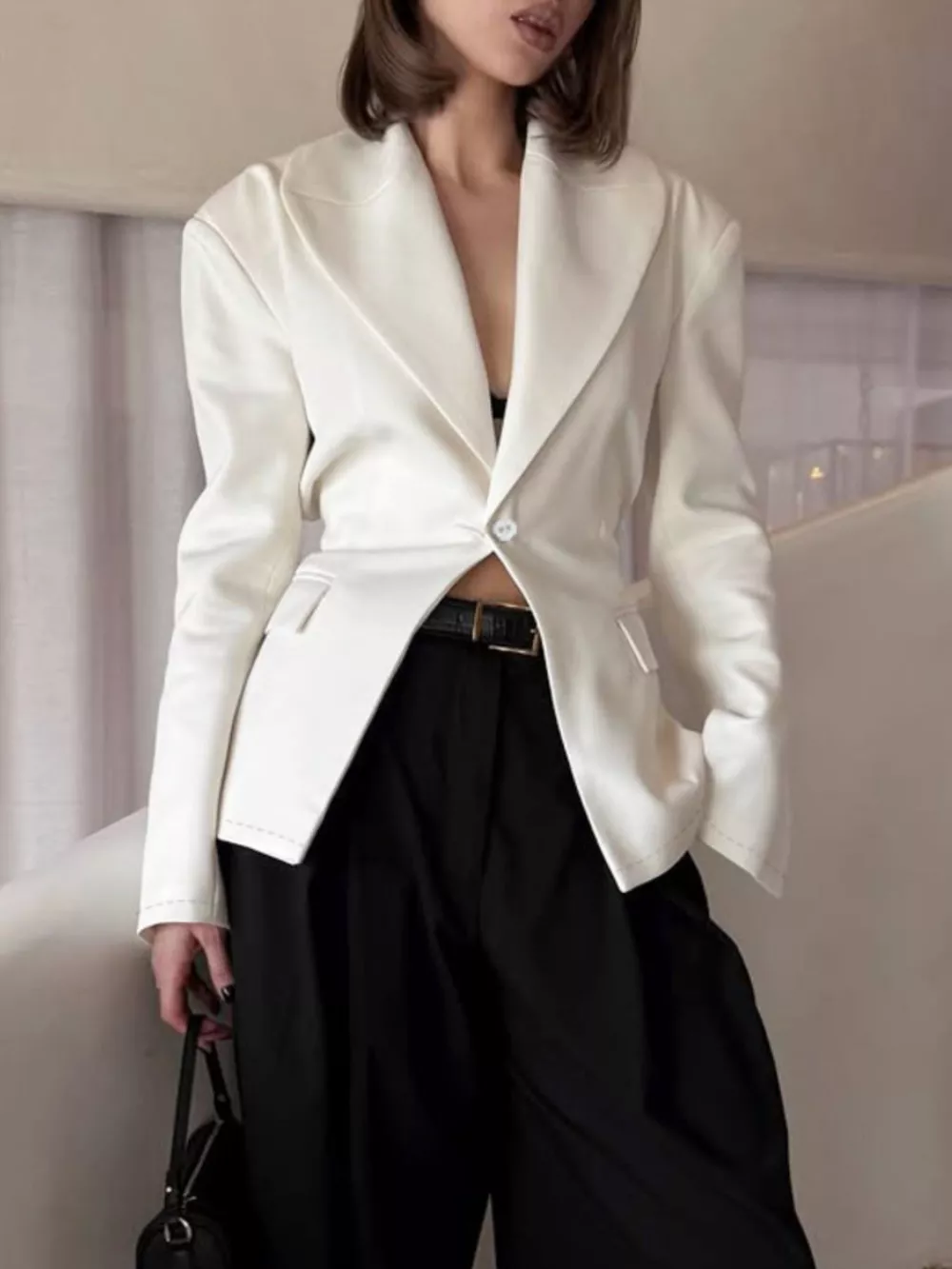 One Button Padded Shoulders Blazer, image 2
