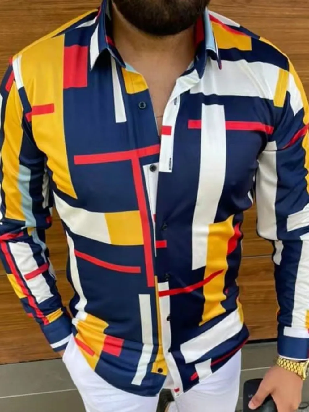 Men's Full Size Contrast Button Up Long Sleeve Shirt Plus Size, image 2