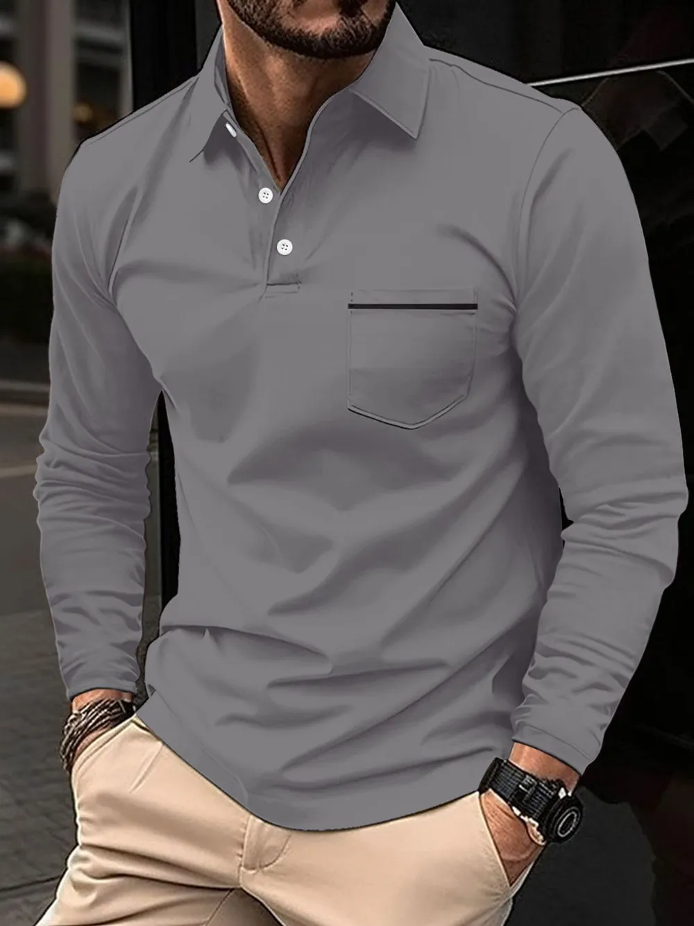 Men's Full Size Button Detail Long Sleeve Polo Plus Size, image 6