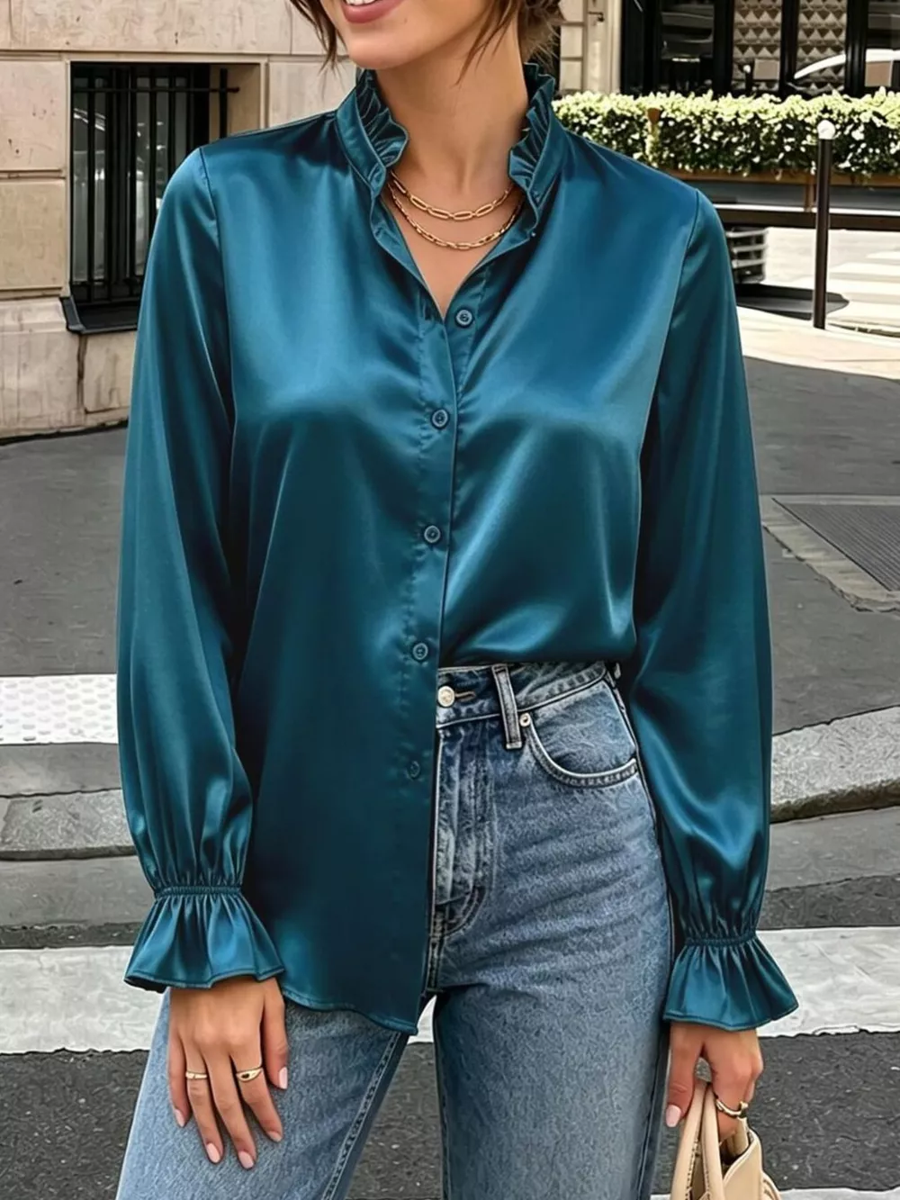 Elegant Button Down Ruffle Trim Satin Shirt, image 11