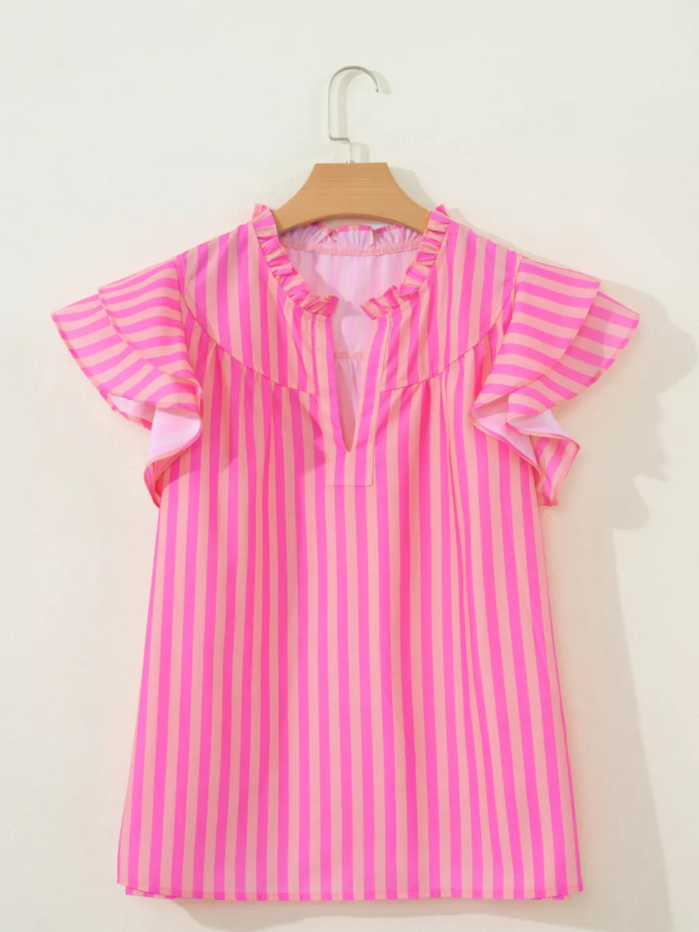 Stripe Split Neck Ruffled Summer Blouse, image 3