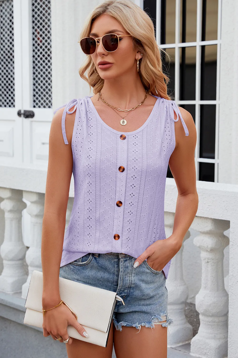 Eyelet Round Neck Wide Strap Tank, image 33