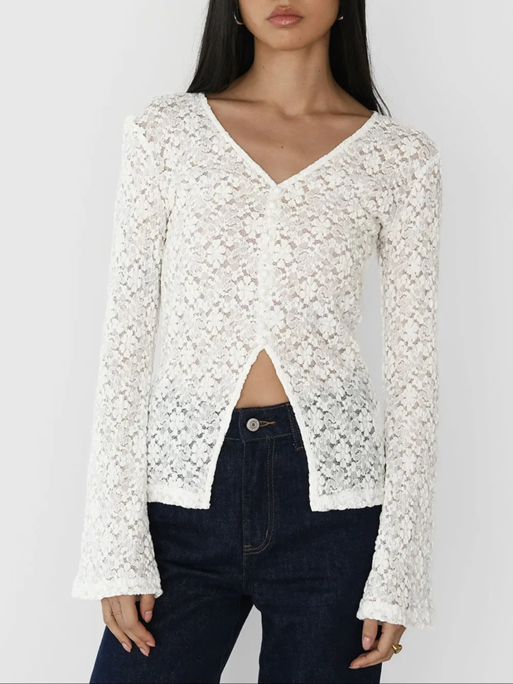 Lace V-Neck Flare Sleeve T-Shirt, image 4
