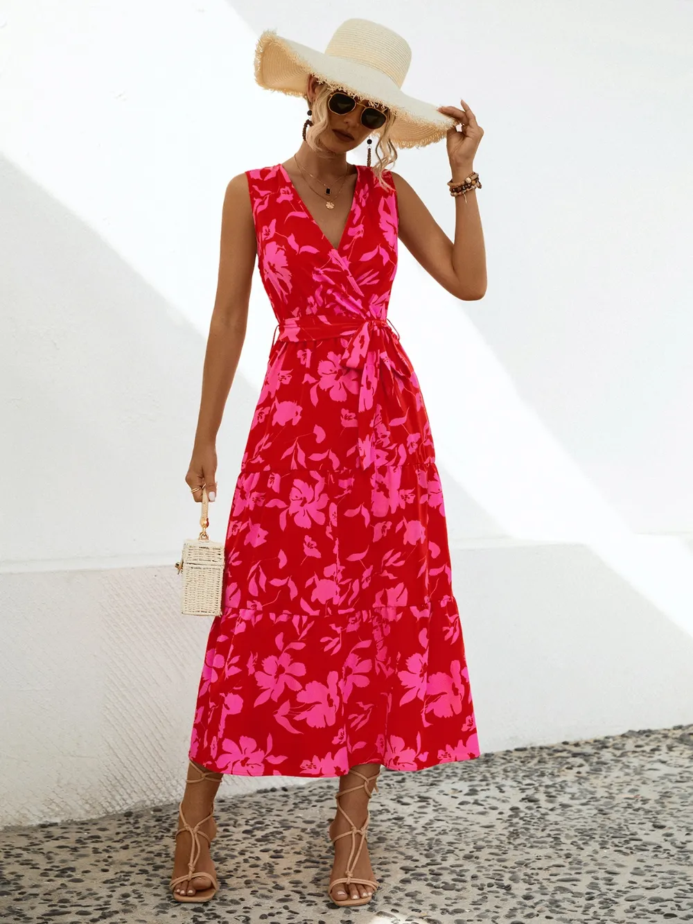 Tied Printed Surplice Tiered Dress, image 4