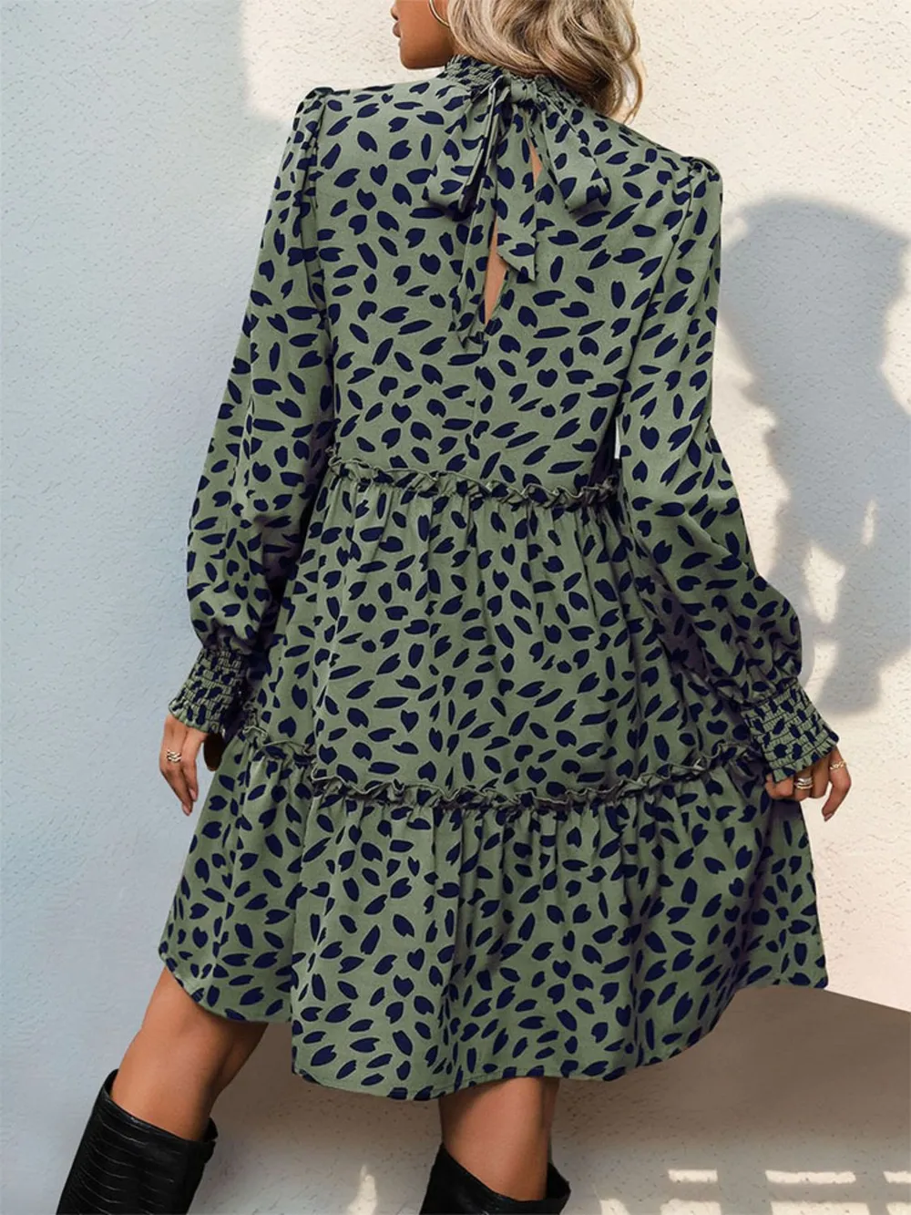 Frill Printed Mock Neck Long Sleeve Mini Dress, image 6