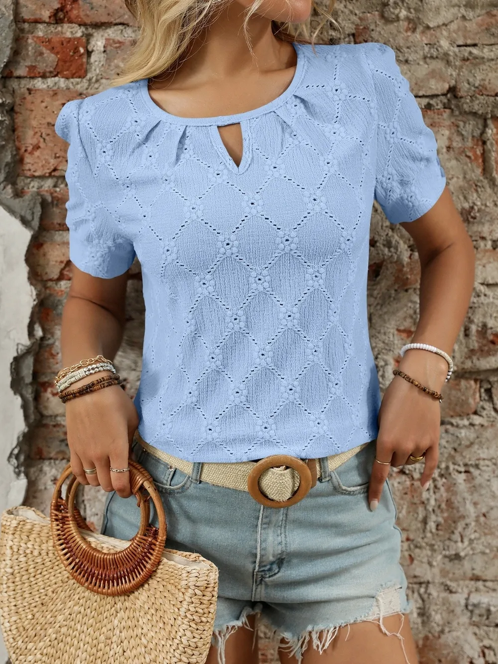 Eyelet Round Neck Short Sleeve Top, image 10