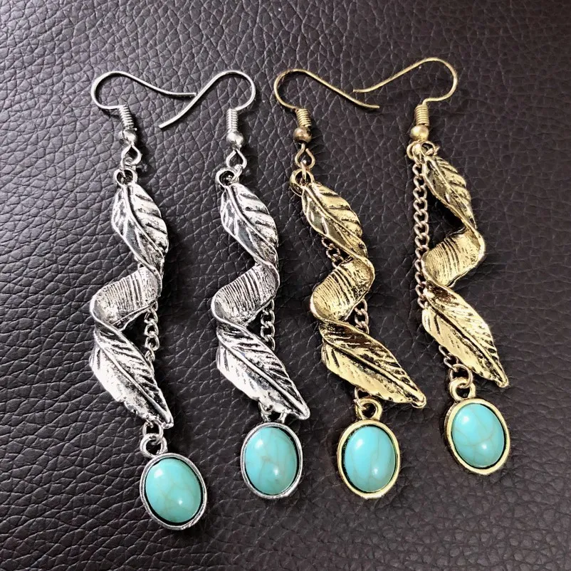 Alloy Leaf Artificial Turquoise Earrings, image 4
