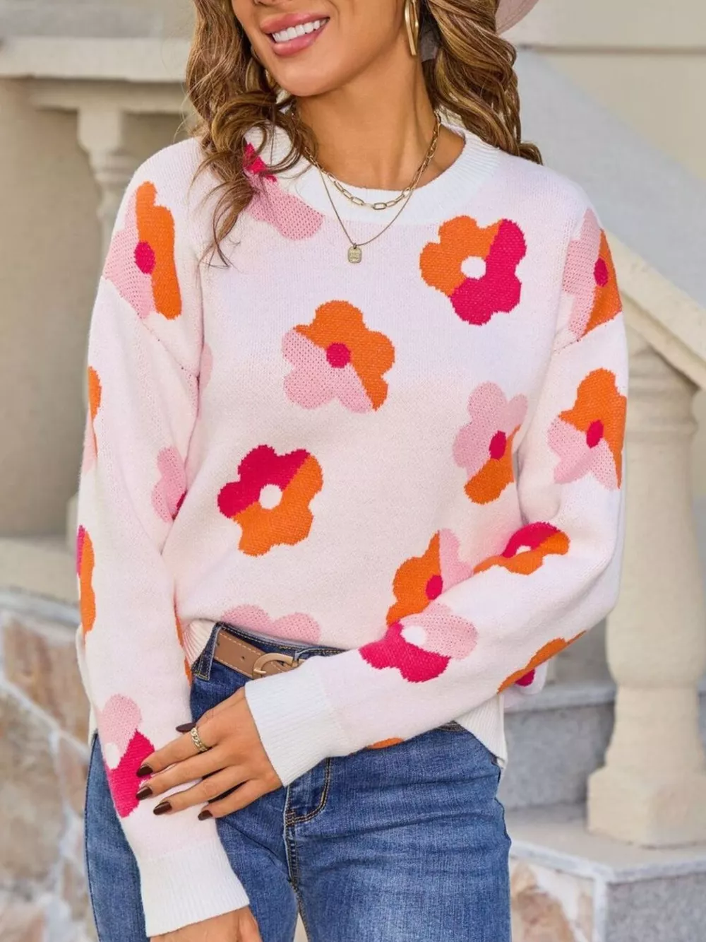 Floral Crew Neck Long Sleeve Sweater, image 16