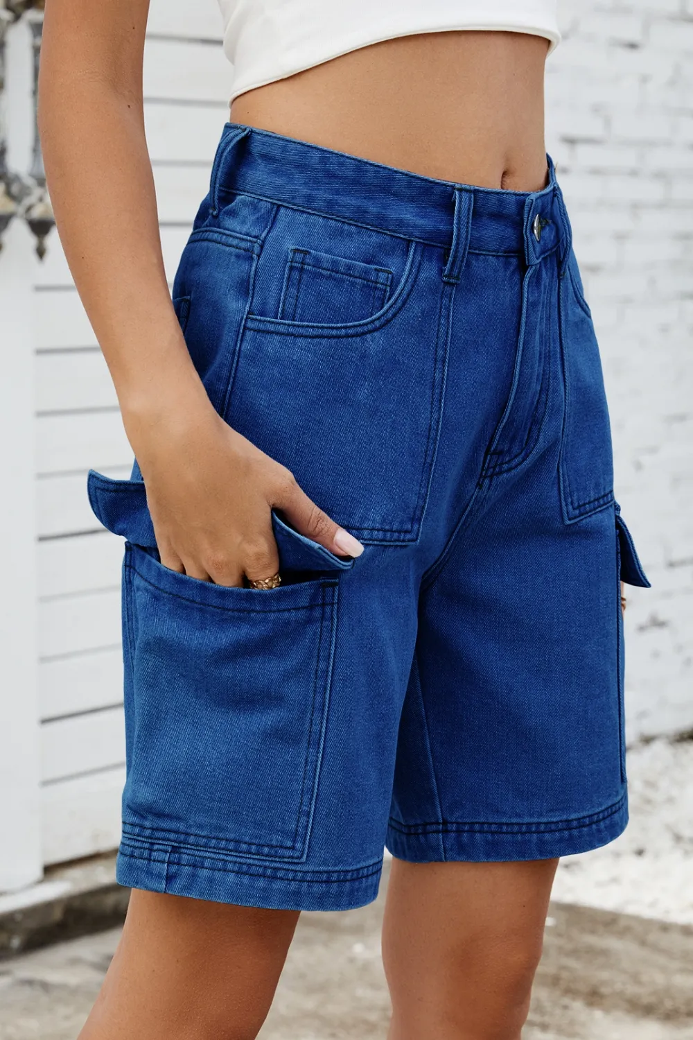 High Rise Denim Shorts with Cargo Pockets, image 8