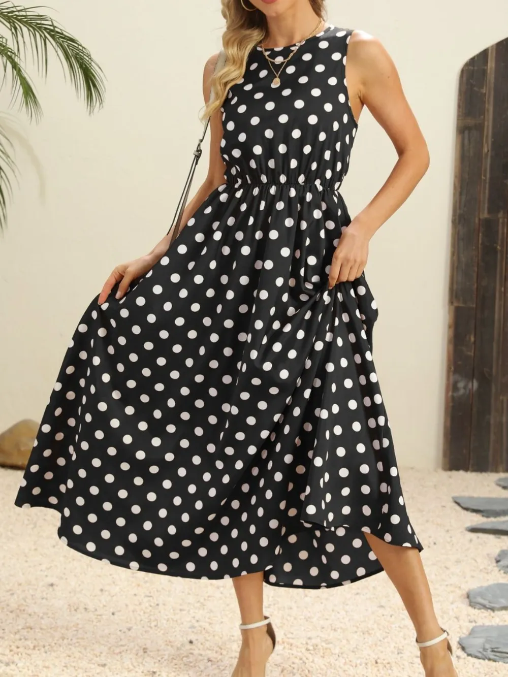 Polka Dot Round Neck Sleeveless Midi Dress, image 5
