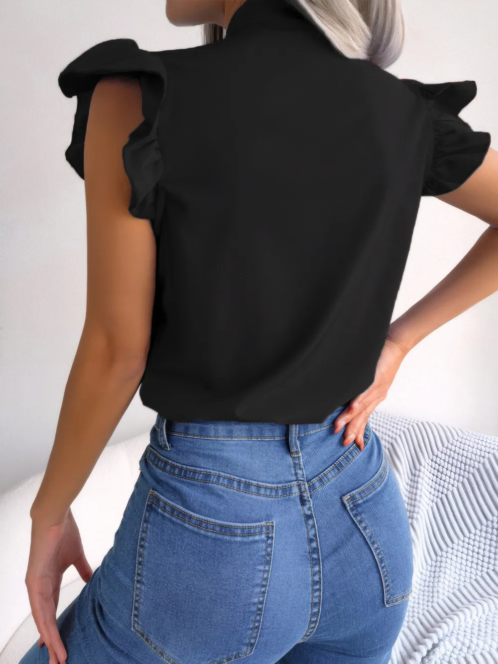 Ruffled Tie Neck Cap Sleeve Blouse, image 6