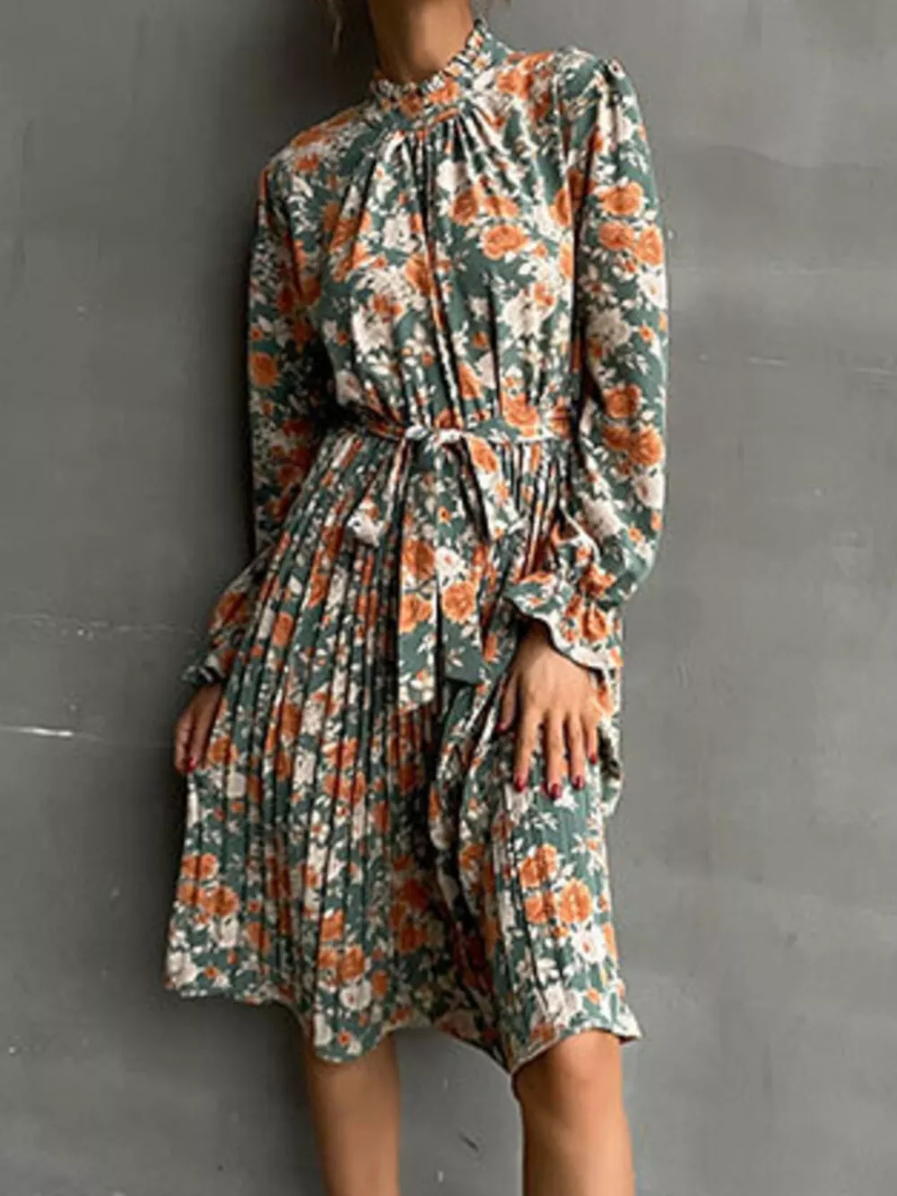 Floral Print Long Sleeve Pleated Midi Dress, image 6