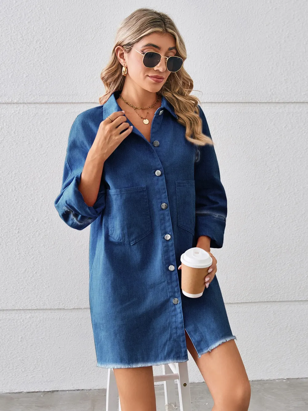 Raw Hem Button Up Denim Dress, image 6