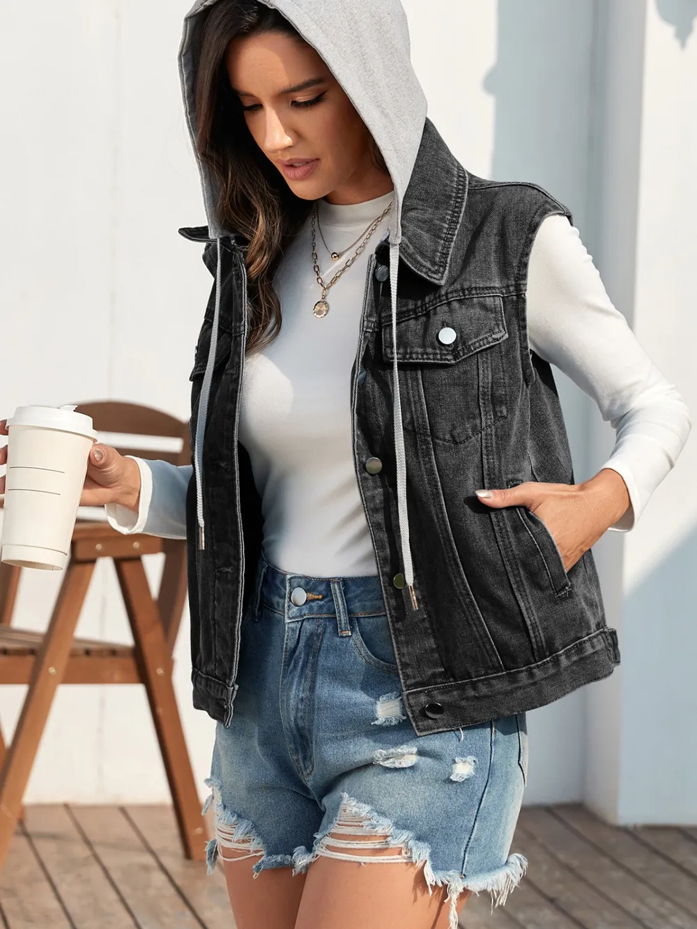 Pocketed Button Up Hooded Denim Jacket, image 7