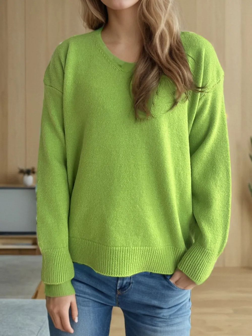 V-Neck Dropped Shoulder Long Sleeve Sweater, image 8