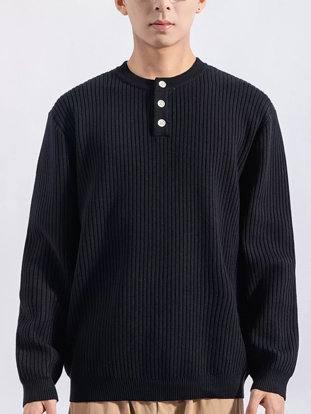 Men's Plus Size Ribbed Button Detail Knit Top, image 7