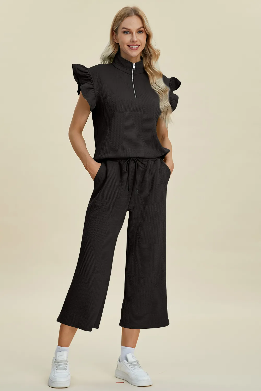 Full Size Texture Ruffle Short Sleeve Top and Wide Leg Pants Set, image 13