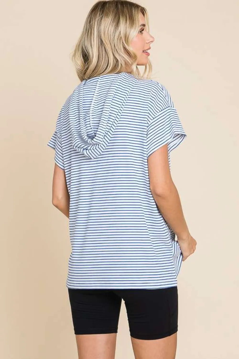 Full Size Striped Short Sleeve Hooded Top, image 2