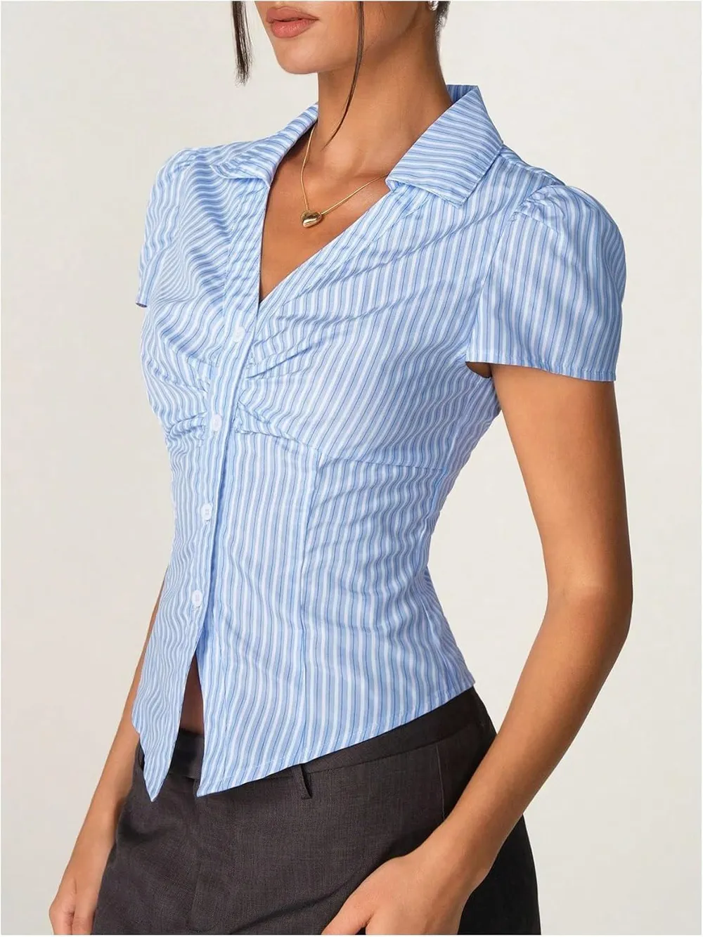 Striped Collared Neck Short Sleeve Shirt, image 10
