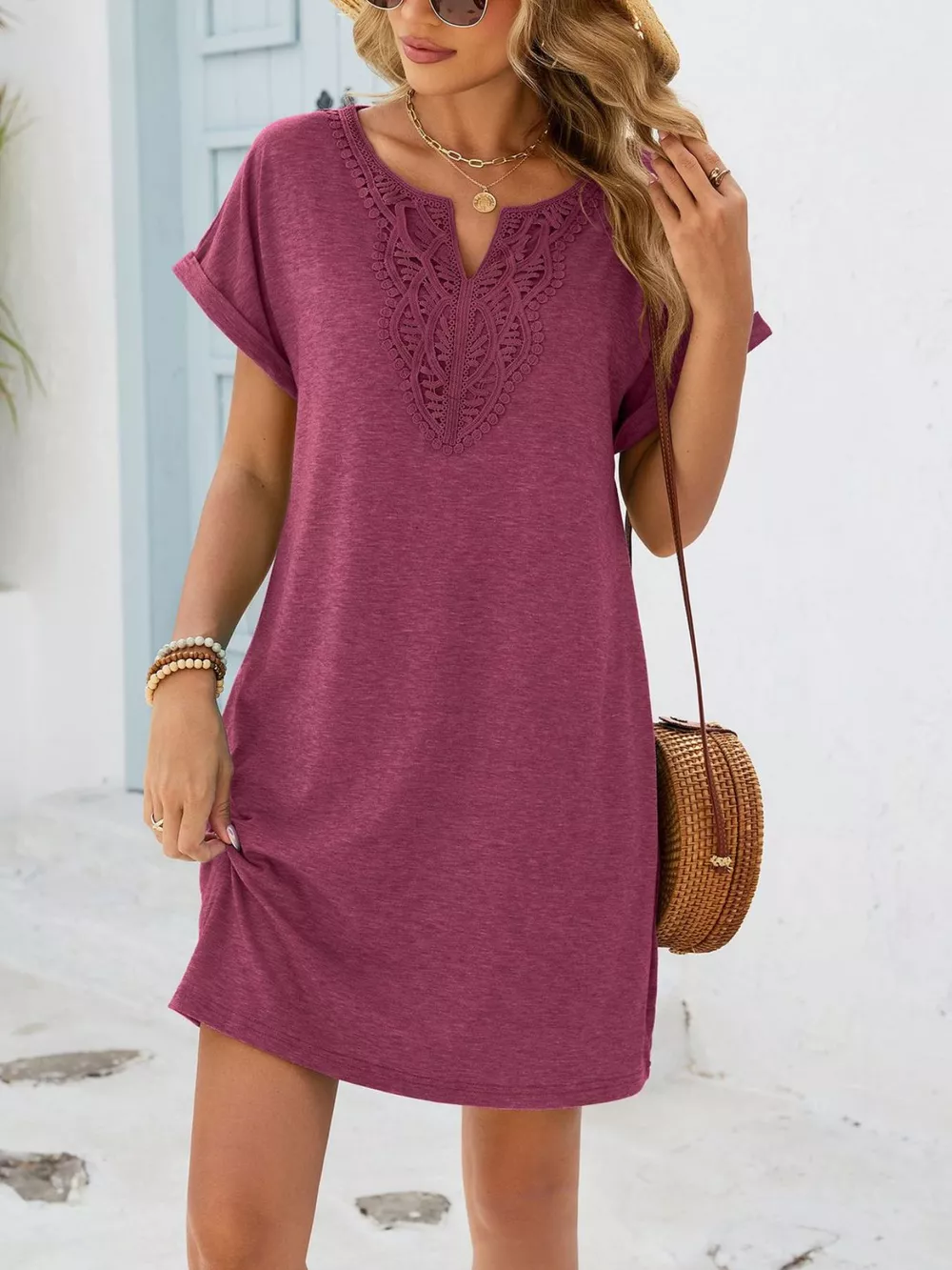 Lace Trim Notched Short Sleeve Dress, image 15