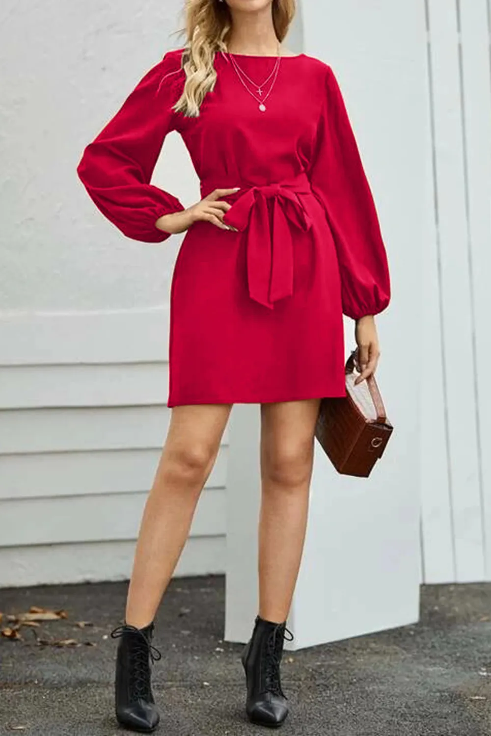 Tied Boat Neck Balloon Sleeve Mini Dress, image 7