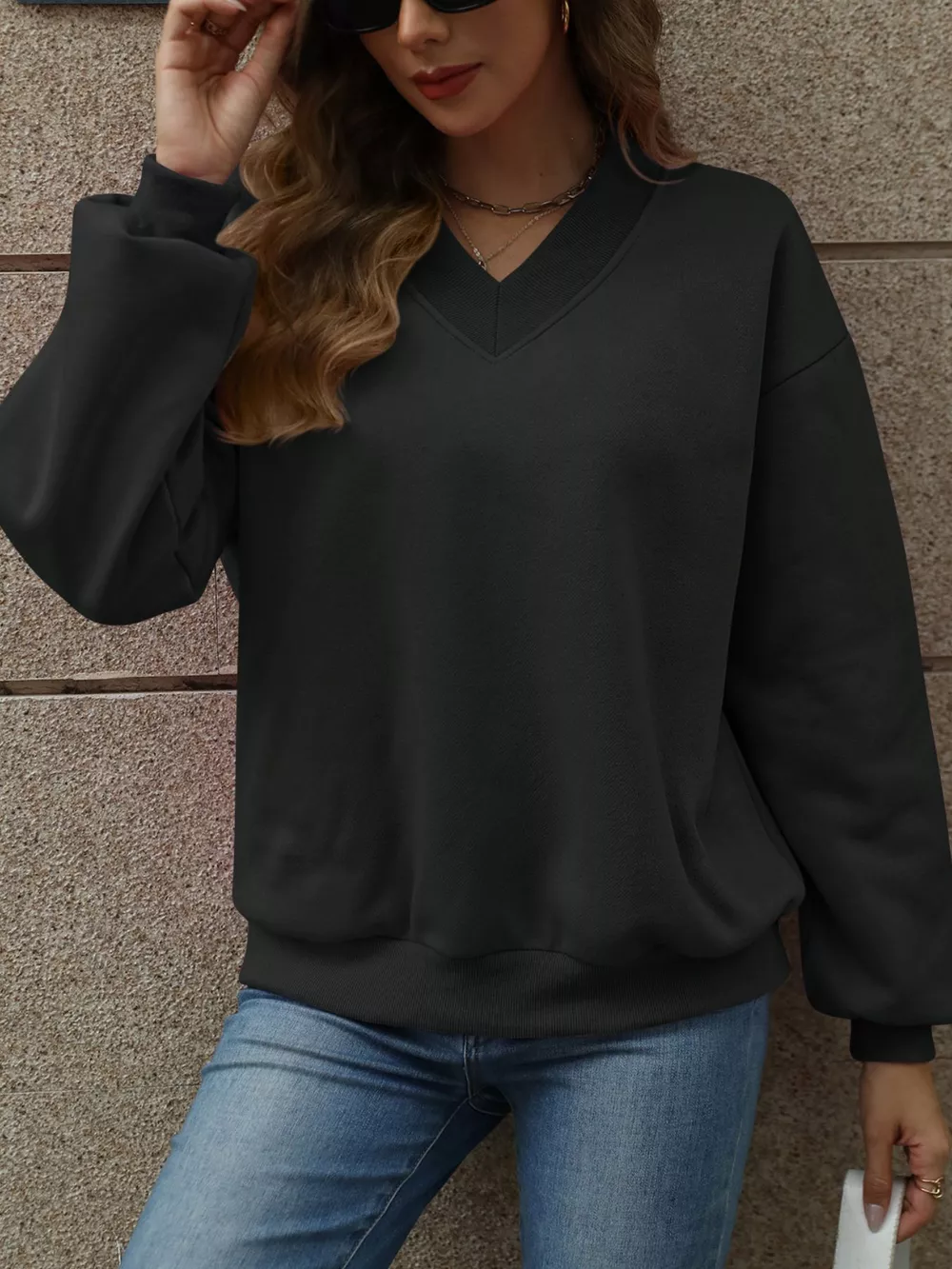 V-Neck Solid Color Casual Sweatshirt, image 15