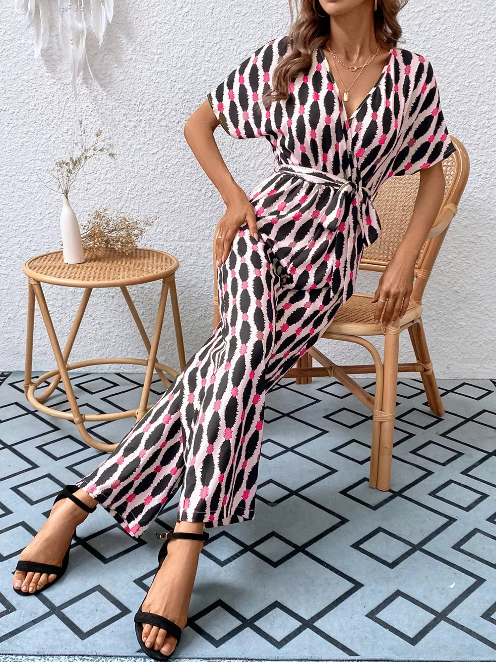 Printed Surplice Tie Waist Short Sleeve Jumpsuit, image 11