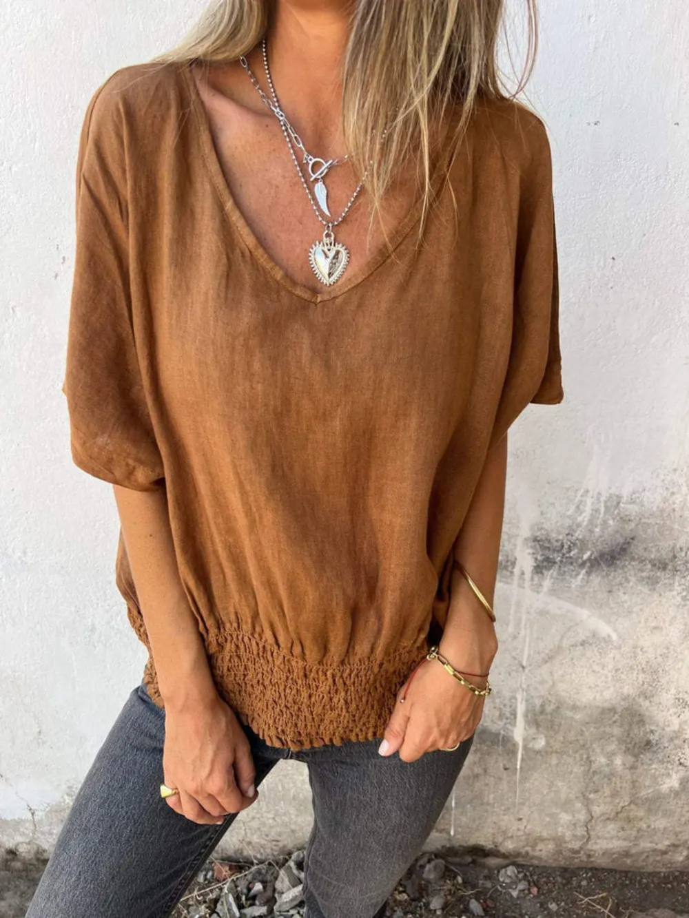 Full Size Smocked Hem V-Neck Relaxed Fit T-Shirt Plus Size, image 12