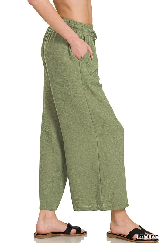 Woven Crepe Elastic Band Waist Cropped Pants, image 2