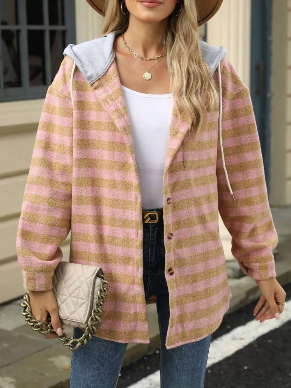 Plaid Button Up Long Sleeve Drawstring Hooded Jacket, image 28