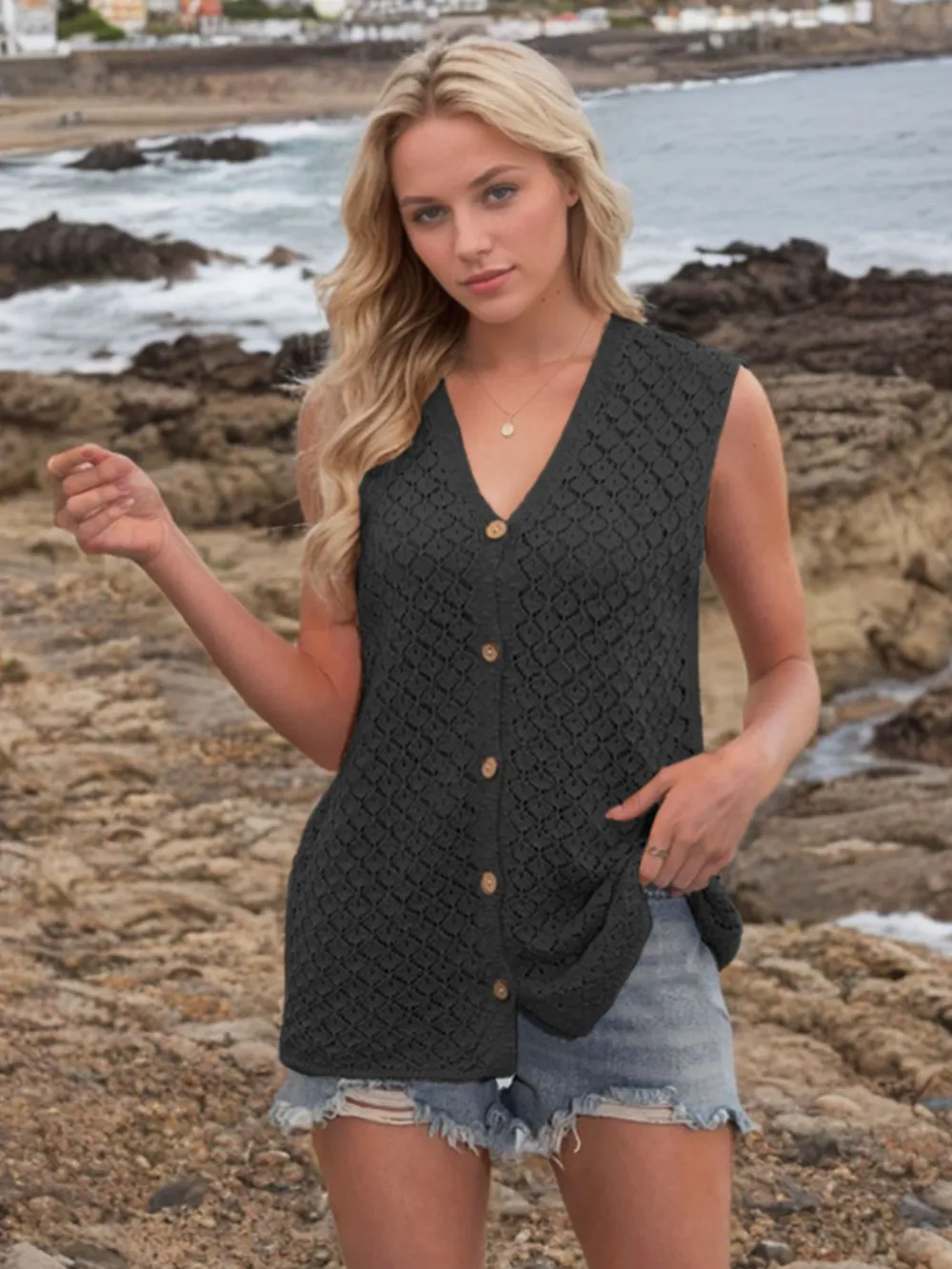 Button Down Eyelet V-Neck Sweater Vest, image 6