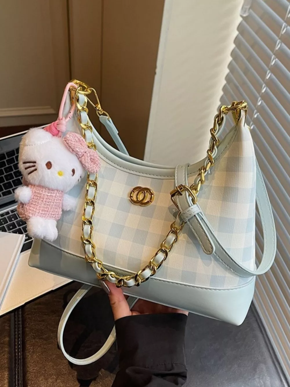 Plaid Pattern Chain Decor Shoulder Bag, image 4