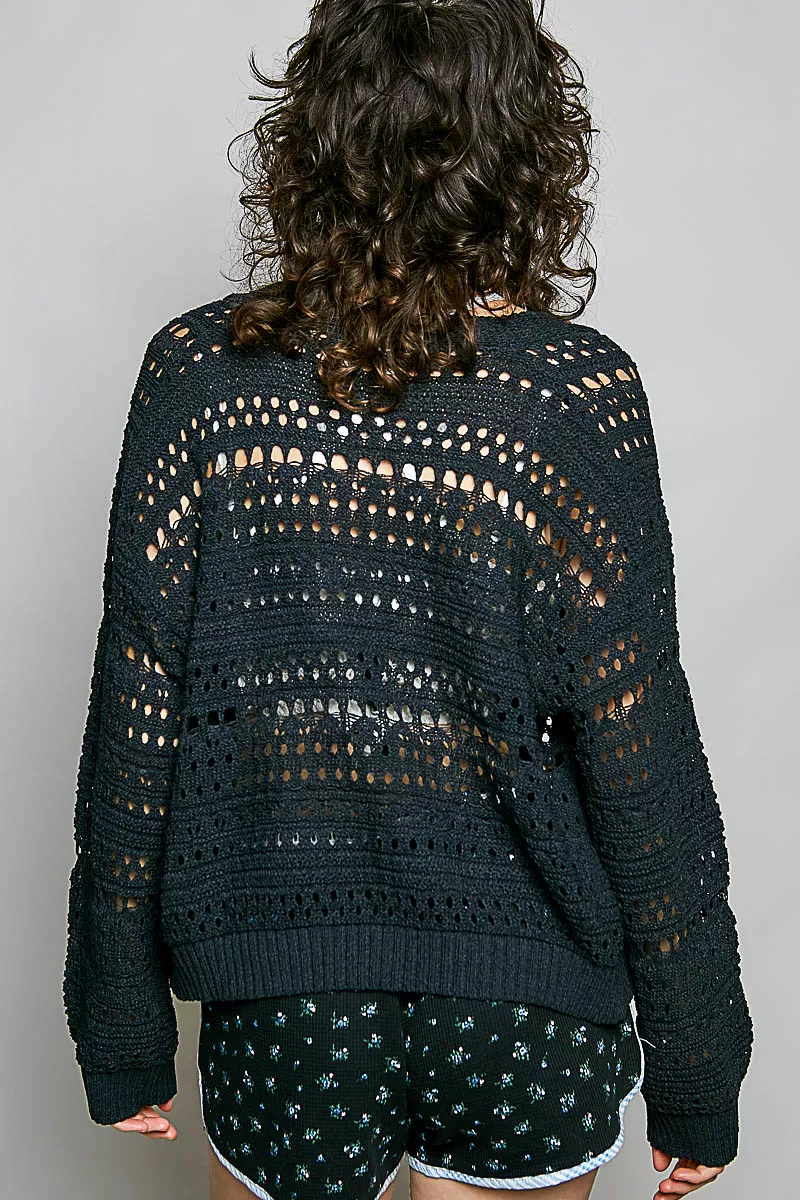Open-Knit Floral Button Cardigan, image 4
