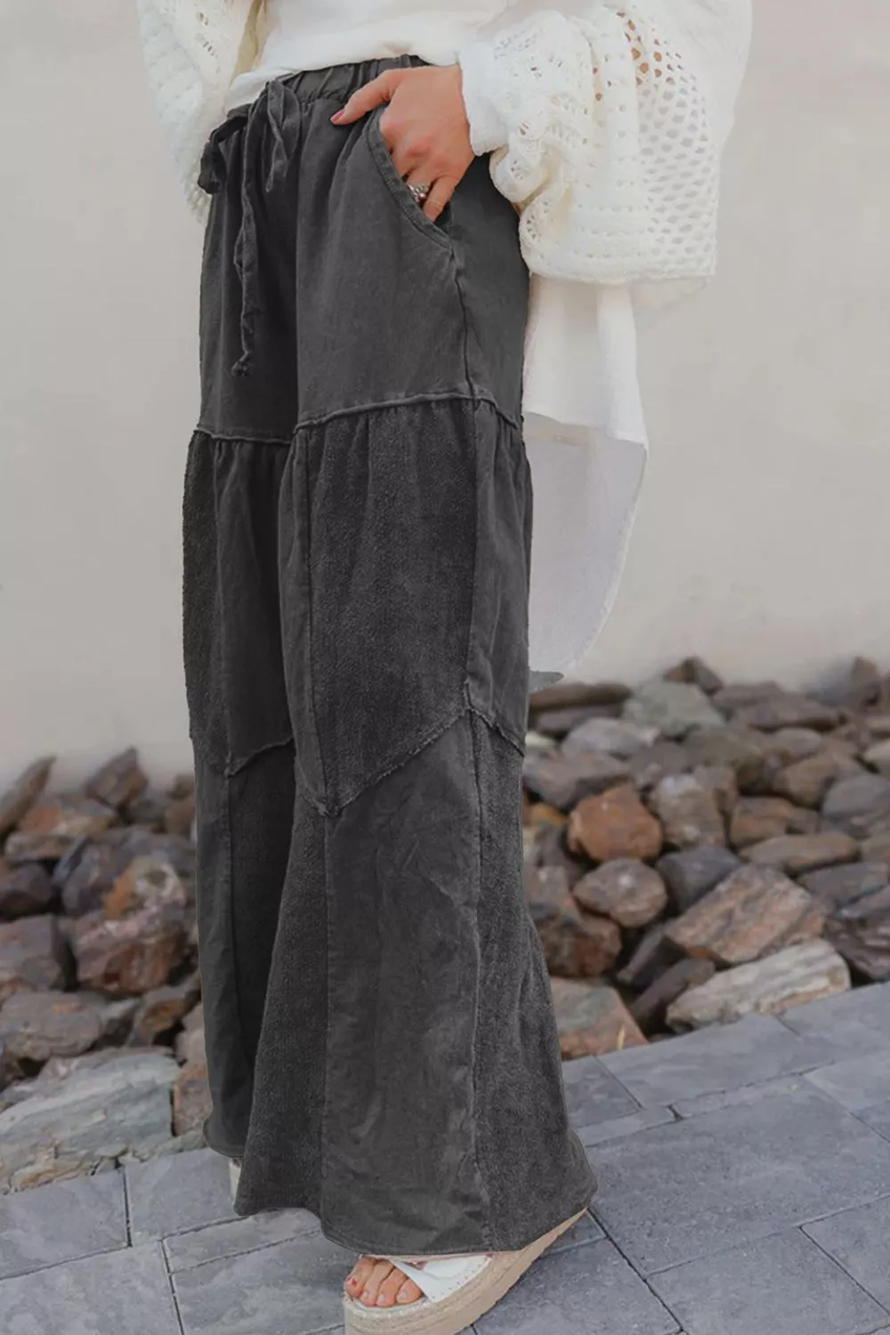 Mineral Wash Tiered Wide Leg Patchwork Drawstring Pants, image 3