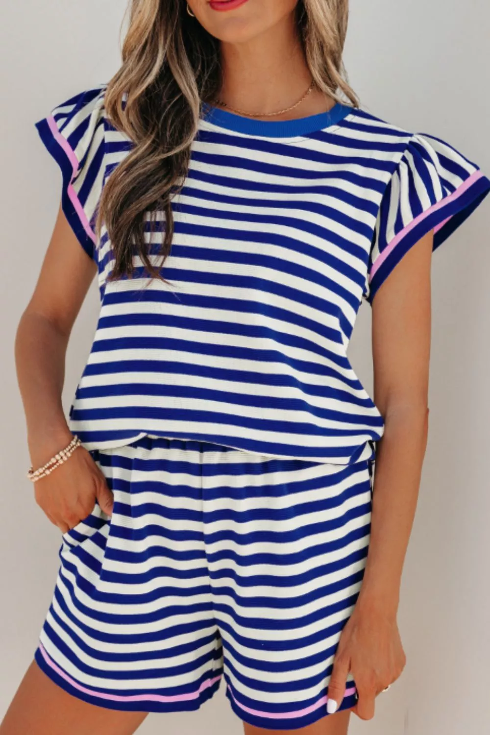 Striped Ruffle Sleeve Top and Shorts Set, image 4